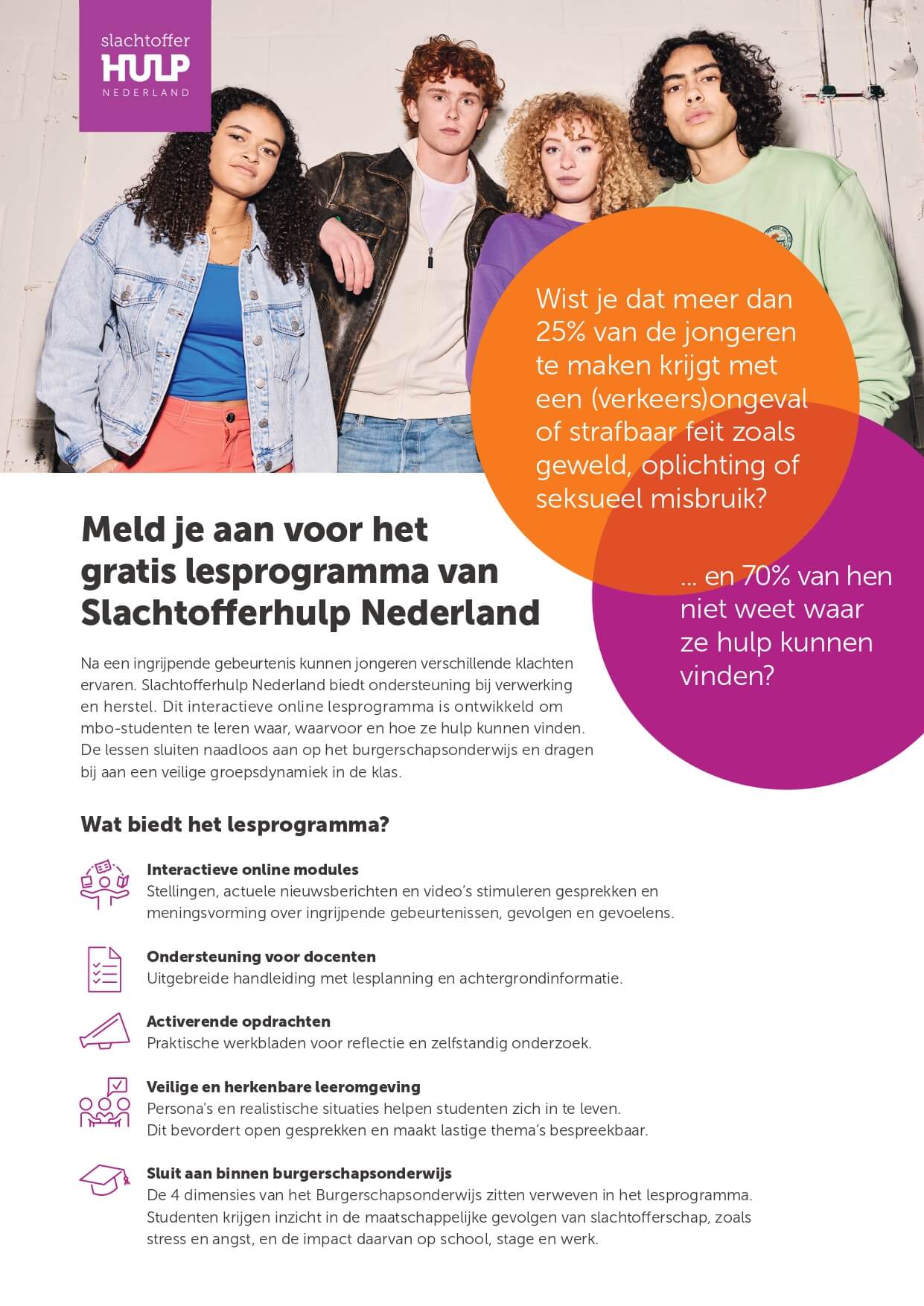 Factsheet over mbo-lesprogramma Slachtofferhulp Nederland. De informatie is ook op deze pagina te vinden.